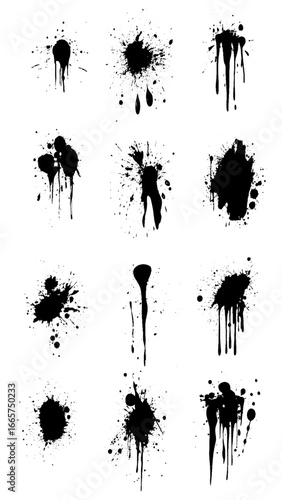 Grunge ink splatter. Splash of paints, spray drops staining and frame with wet paint drop traces  set. Illustration splash and drip design, silhouette blob spray collection