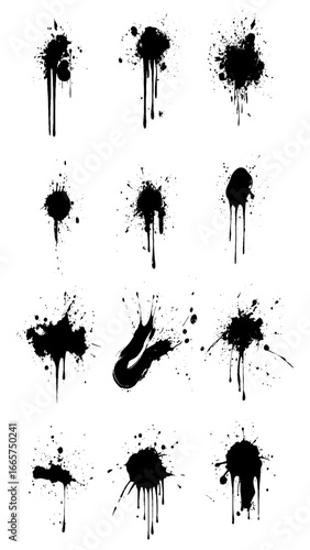 Grunge ink splatter. Splash of paints, spray drops staining and frame with wet paint drop traces  set. Illustration splash and drip design, silhouette blob spray collection