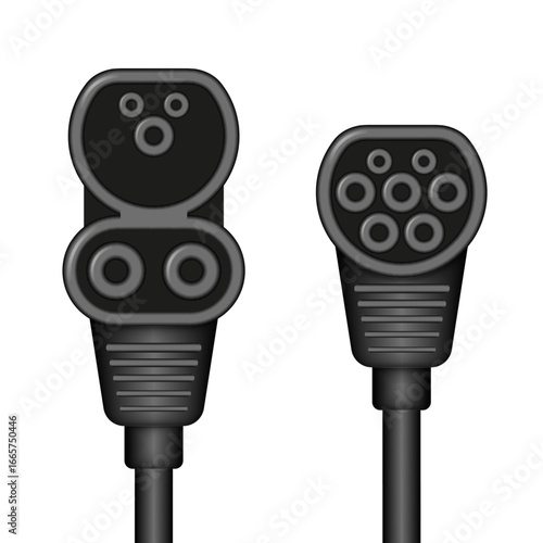 Electric vehicle charging Type 2 and EV DC fast charging charger connectors and cables realistic 3d vector model isolated on white, modern plug types for EV power supply sustainable transport.