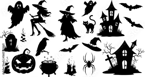 set of halloween element silhouette collection. Black and white vector editable file. pumpkin, ghost, cat, cauldron, horror house, female witch ride, owl, raven bird, skeleton, spider, witch hat