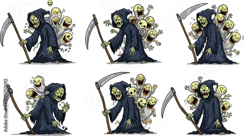 Zombie grim reaper with scythe and evil spirits, horror cartoon character, scary undead monster, Halloween creepy artwork, spooky ghost illustration
