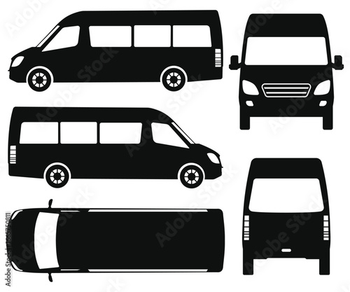 Van Silhouette Icon Set Side, Front, Back, and Top View on White Background