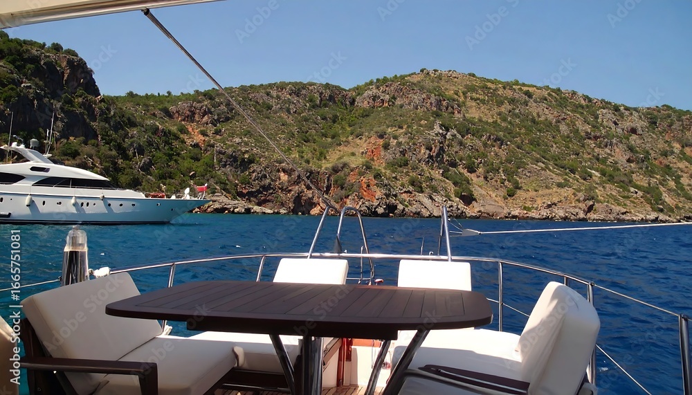 Fototapeta premium A luxurious yacht deck offers a scenic view of a vibrant coastline, showcasing a tranquil bay.