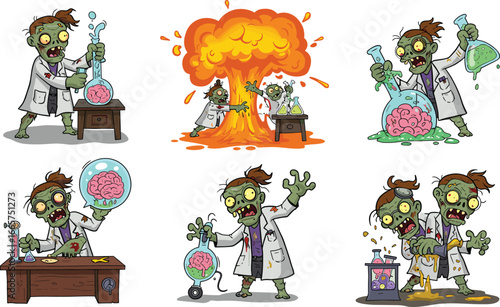 Zombie mad scientist mixing chemical experiments with brains, creepy laboratory explosion, horror cartoon illustration, Halloween undead monster chemistry spooky artwork