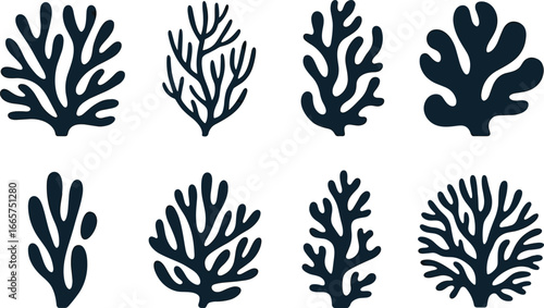 Seamless pattern with stylized coral branches in dark blue color on white