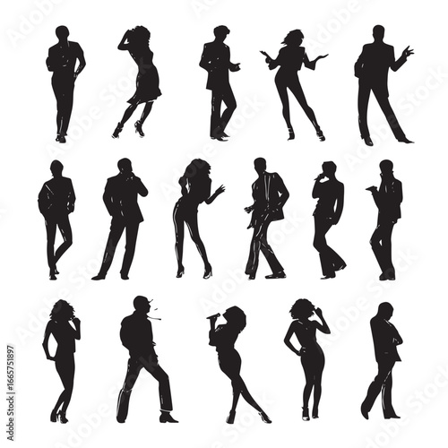 Vector illustration of disco dancing silhouette set, Black & White silhouette set