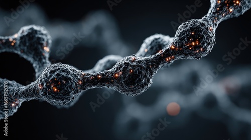 Close-up 3D rendering of an abstract chemical structure model, white and grey color palette on a monochrome background, macro perspective showcasing molecular connections, geometry
