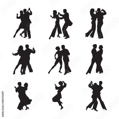 Vector illustration of disco dancing silhouette set, Black & White silhouette set