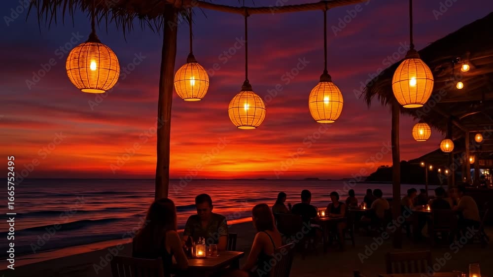 Tropical Beachfront Restaurant with Glowing Rattan Lamps and Vibrant Sunset Sky