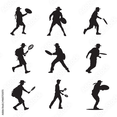 Vector illustration of disc golfer silhouette set, Black & White silhouette set