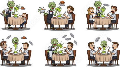 Zombie serving disgusting food at restaurant table, horror cartoon illustration, terrified diners shocked, creepy undead waiter scene, Halloween humor, scary monster dinner