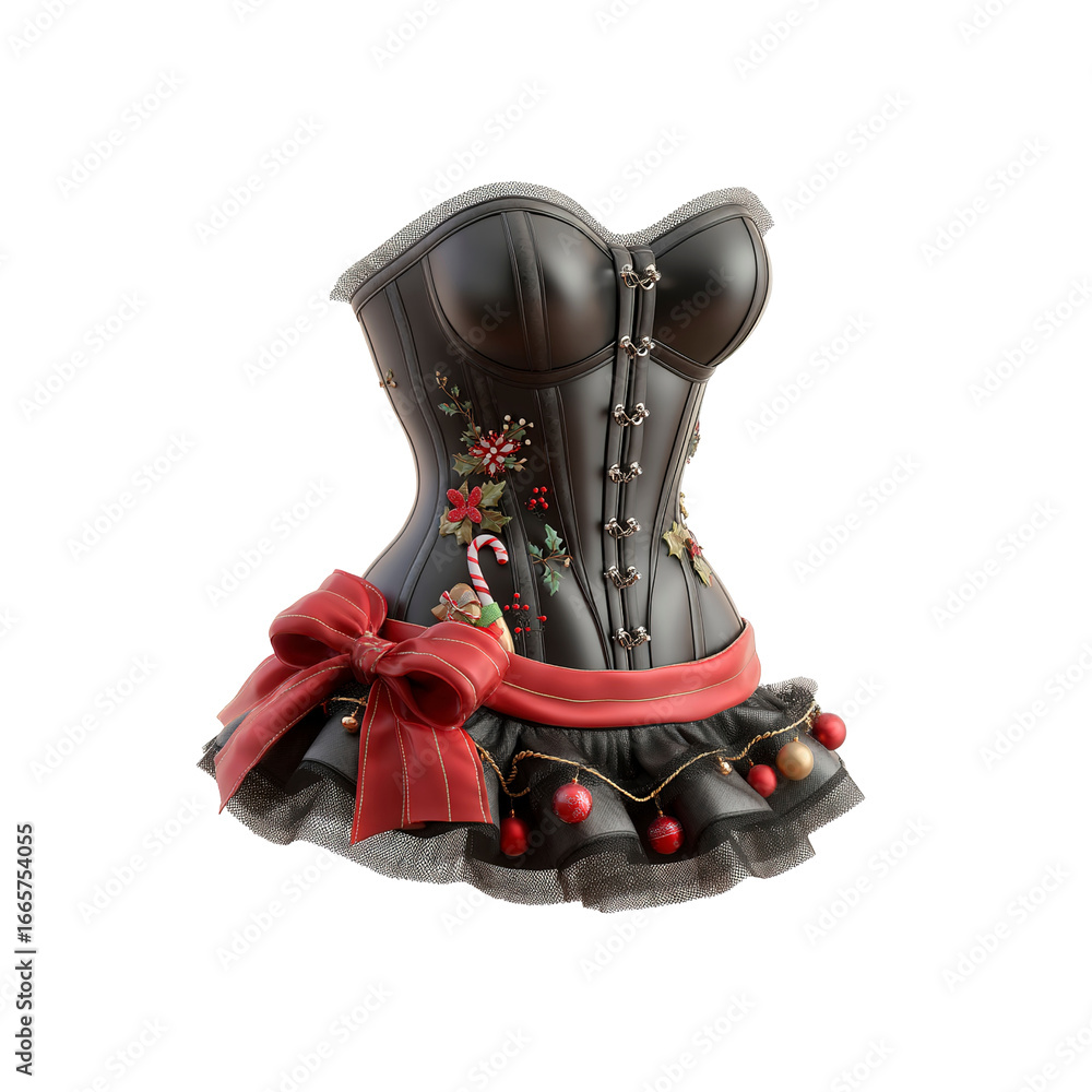 Fototapeta premium Festive Black Leather Corset with Christmas Embroidery and Red Bow