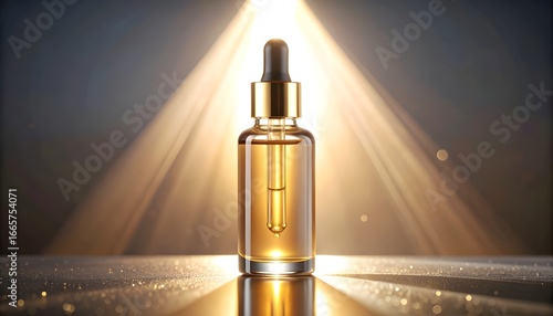 Radiant beauty concept featuring a luxurious anti-aging serum in a glass dropper bottle, illuminated by a brilliant golden spotlight