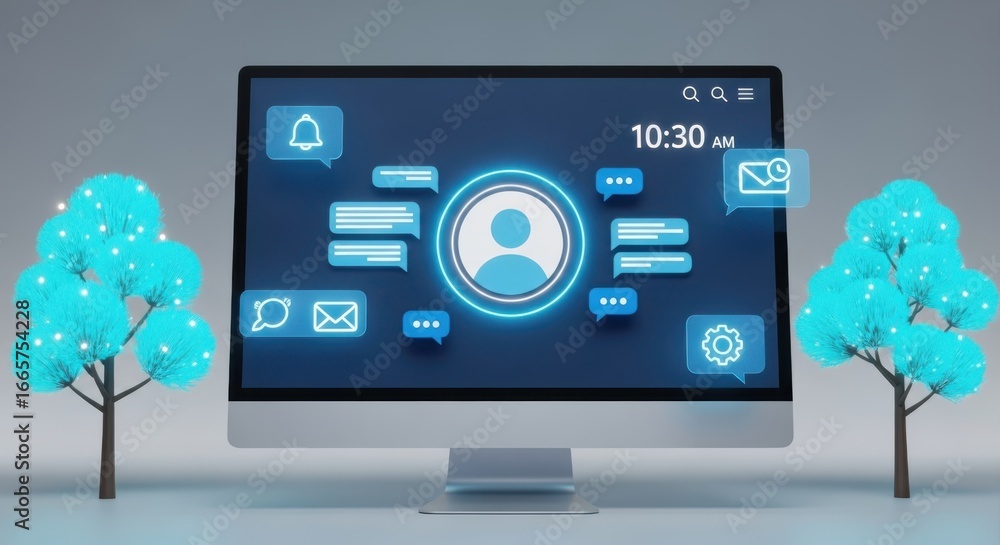 Fototapeta premium Computer screen displaying user profile and digital icons with futuristic trees