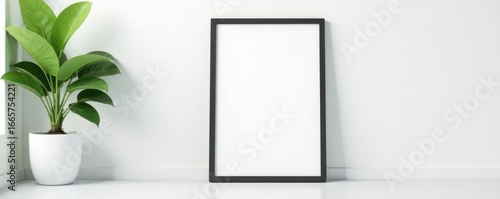 Wallpaper Mural Black frame mockup, minimalist interior, plant, white wall , contemporary, background Torontodigital.ca