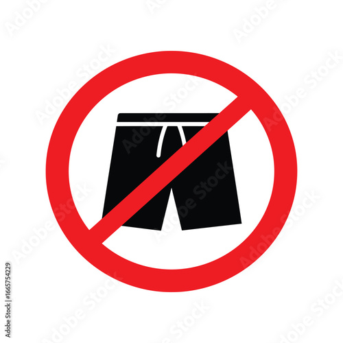 No shorts sign, black shorts silhouette in red forbidden circle, dress code symbol, no swimwear allowed icon