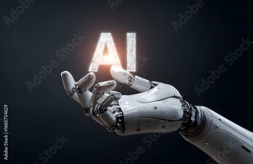 3D render of a robot hand holding a hologram with the text AI on it, isolated over a dark background
