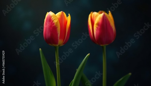 Close-up of a drooping red and yellow tulip against a dark, abstract backdrop , close, dark background
