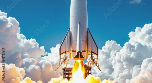 Majestic rocket blasting off into a bright blue sky surrounded by dramatic fluffy clouds with powerful