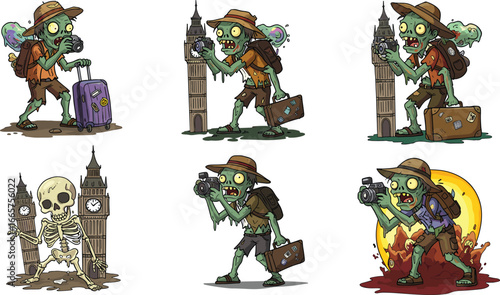 Zombie tourist with camera and suitcase near Big Ben London, horror cartoon traveler, scary undead sightseeing, Halloween creepy monster, spooky travel illustration