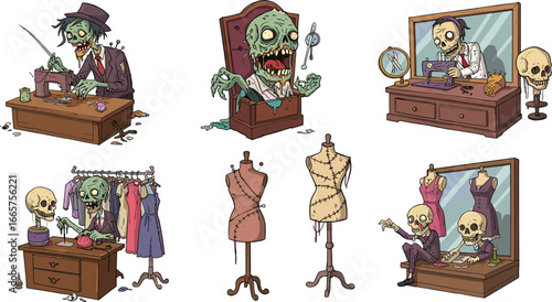Zombie tailor sewing horror cartoon, undead skeleton fashion designer illustration, creepy halloween monster making clothes, spooky haunted sewing workshop artwork