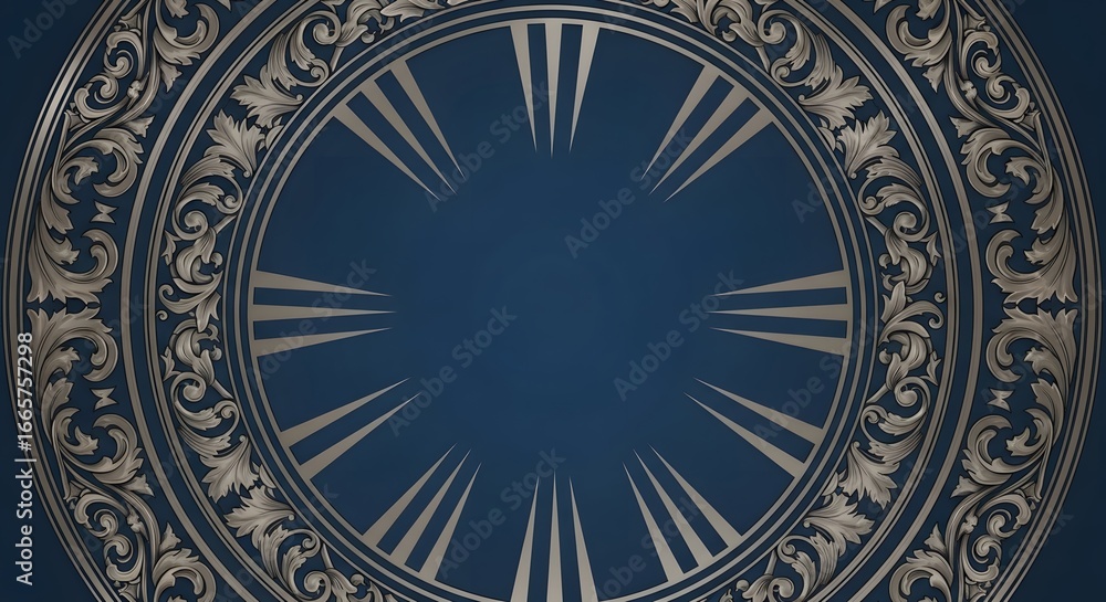 Obraz premium Elegant antique clock face design with ornate scrollwork and Roman numerals on a deep blue background
