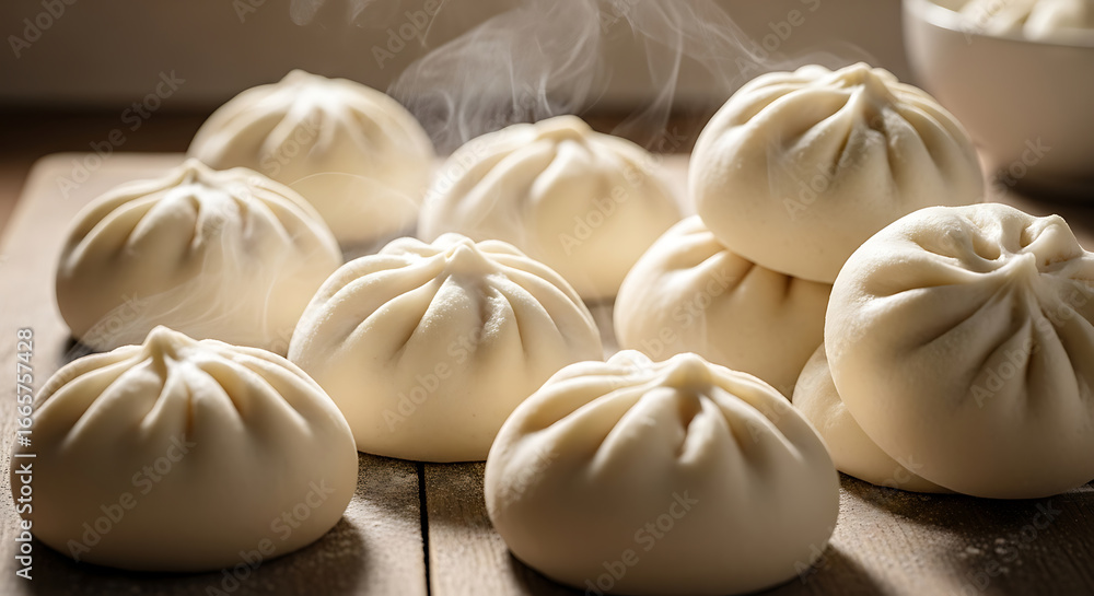 Fototapeta premium Steaming Bao Buns: Delicious Chinese Cuisine Photography