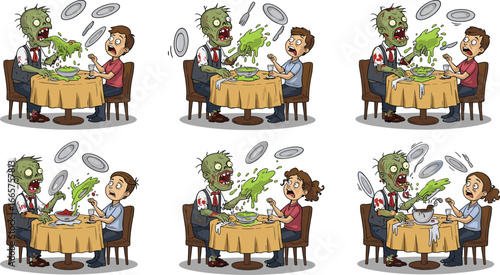Zombie vomiting at restaurant dinner table, scary horror cartoon illustration, terrified people dining, disgusting food scene, Halloween humor, creepy character