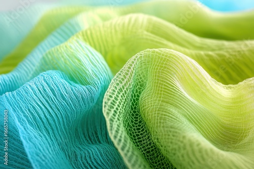 A close-up view of flowing, textured fabric exhibiting a vibrant ombre effect from teal to lime green.