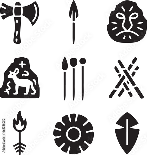 prehistoric, icon, set, cave, art, primitive, tool, stone, age, hunter, gatherer, petroglyph, archaeological, simple, solid, vector