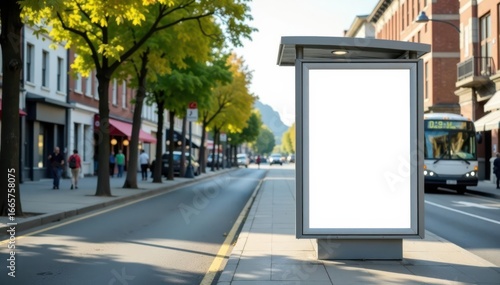 Blank white bus stop poster mockup, isolated on empty street , transit, billboard, bus stop