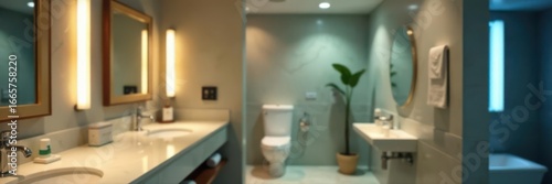 Blurry hotel bathroom, disinfected sign visible, sanitization, protection, sink