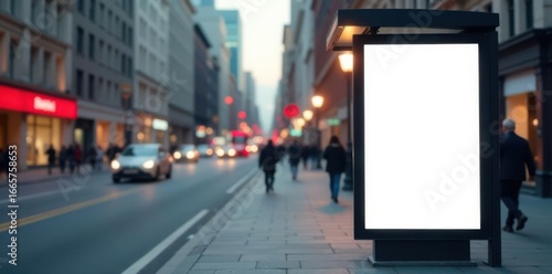 Clean vertical bus shelter ad mockup against blurred street , mockup, banner, billboard