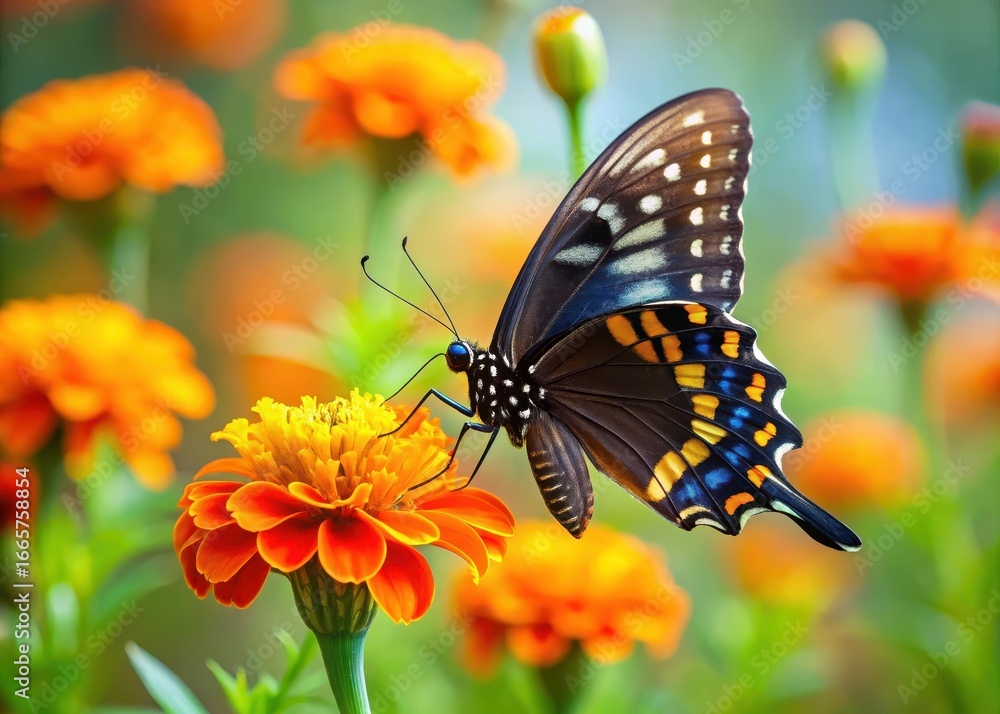 Delicate female black swallowtail butterfly perched on a bright orange marigold flower Delicate female black swallowtail butterfly perched on a bright orange marigold flower