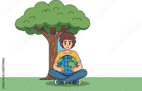 Climate psychology A young person's emotional response to environmental concerns and the weight of the world, emphasizing the mental toll of climate change