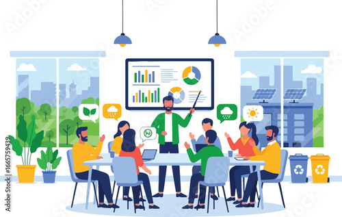 Exploring the nuances of climate psychology in corporate strategy meetings, as teams collaborate to integrate eco-conscious decisions for a sustainable and responsible future