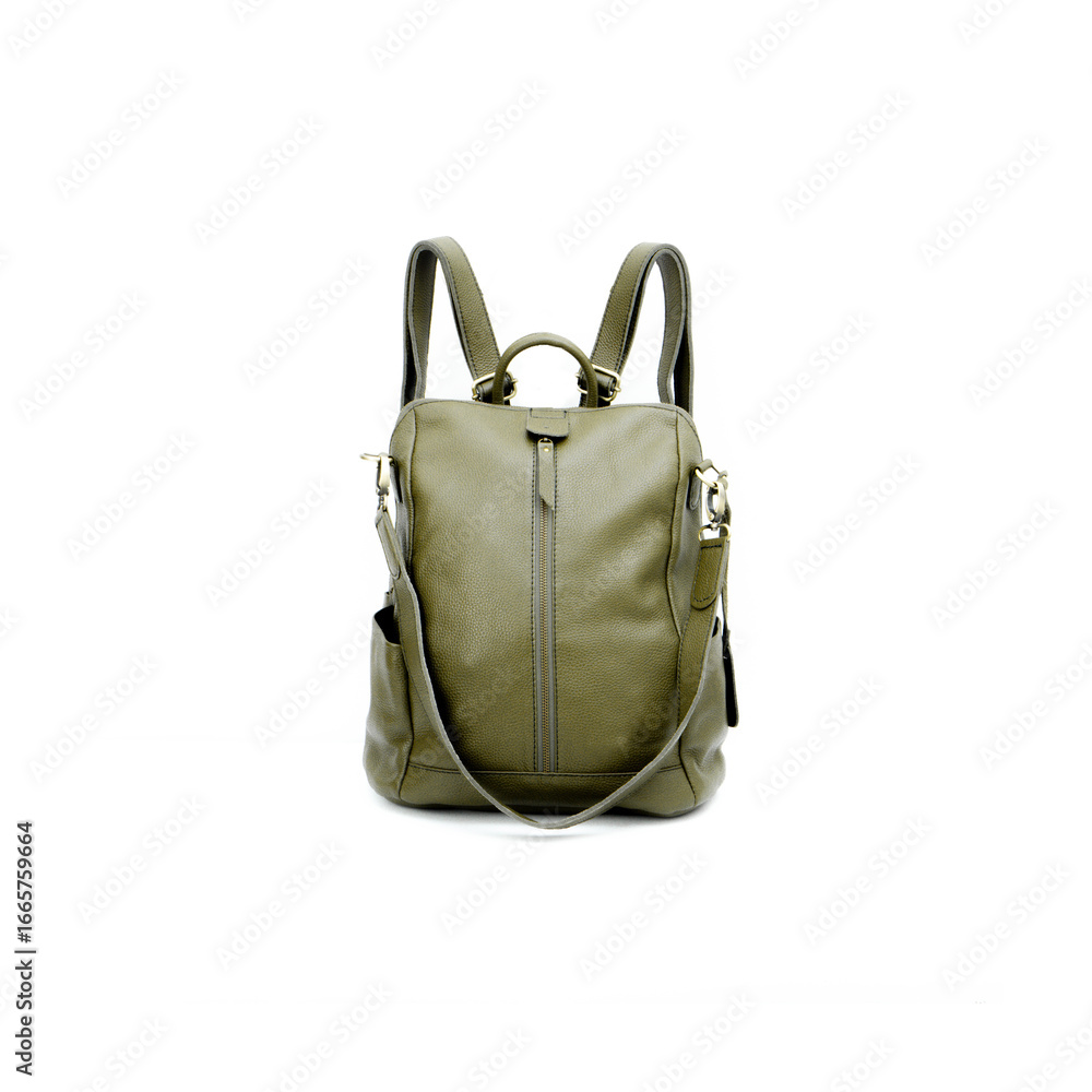 Naklejka premium Green leather backpack isolated on white background, perfect for leather product catalog design