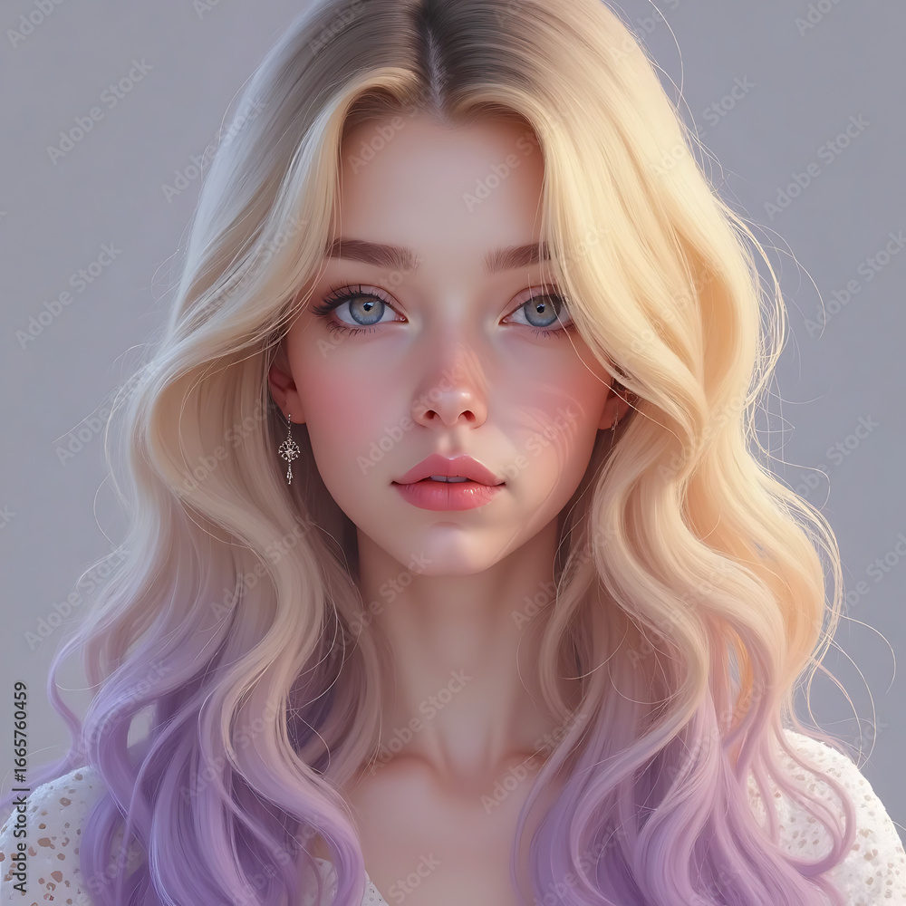 Fototapeta premium Long Blonde Hair with Lavender Ombre and Waves