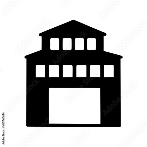 Two story building silhouette with visible windows and a large entrance