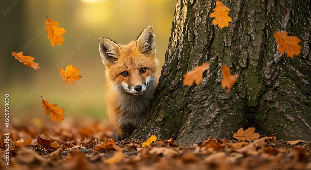 Fototapeta premium Curious Red Fox Peeking from Behind a Tree Trunk Amidst Falling Autumn Leaves