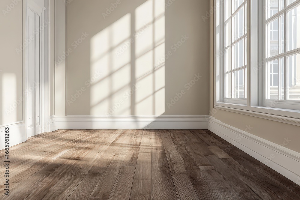 Obraz premium A sun-drenched corner room with rich hardwood flooring and pristine white trim.