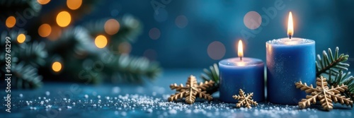 Blue candles, golden snowflakes, bokeh Festive winter holiday scene , year, new year, sparkle