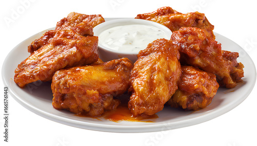  a plate of chicken wings with buffalo sauce and ranch dressing, isolated on a Transparent background PNG