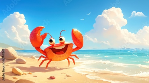 Cute red crab cartoon waving on a sunny beach, playful expression, blue sky and white sand
