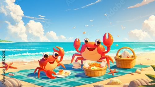 Happy cartoon crab family having a picnic by the sea, colorful beach blanket and basket