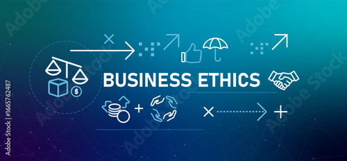 Business ethics banner illustration graphic icons representing moral and ethical standards in a corporate company partnership fair and responsible practices moral values to conduct cooperation