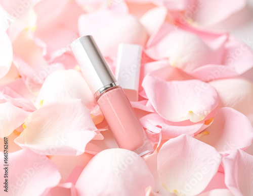 Glossy lip gloss tube nestled among pastel rose petals, romantic bright feminine atmosphere with elegant advertising style