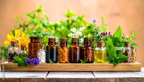 Assorted medicinal bottles and herbs arranged on a wooden tray, showcasing a variety of natural remedies.