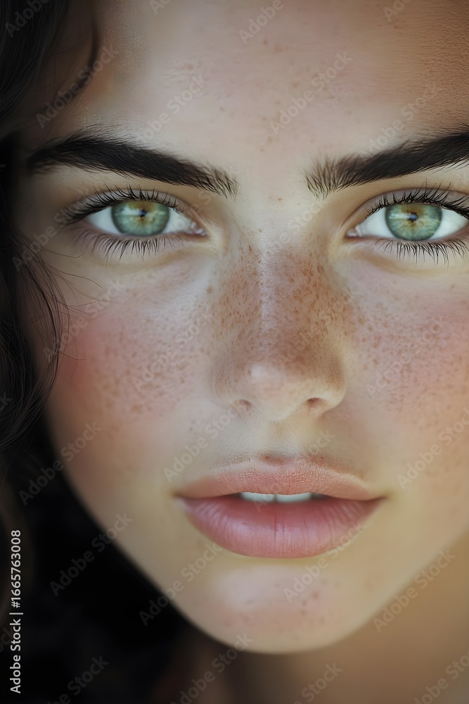 Fototapeta premium Close-up Portrait of a Young Woman with Freckles and Green Eyes