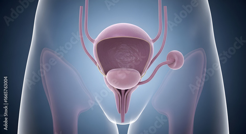 Detailed 3D medical illustration of the female urinary tract system, clearly depicting the bladder, urethra, and adjacent pelvic organs for anatomical study and health education